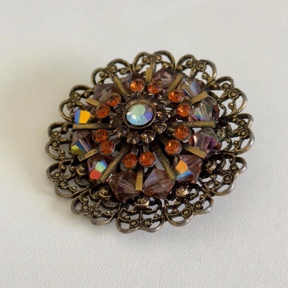 Vintage Weiss Signed Amber Orange AB Rhinestone Crystal Statement Brooch Pin - Picture 3 of 9
